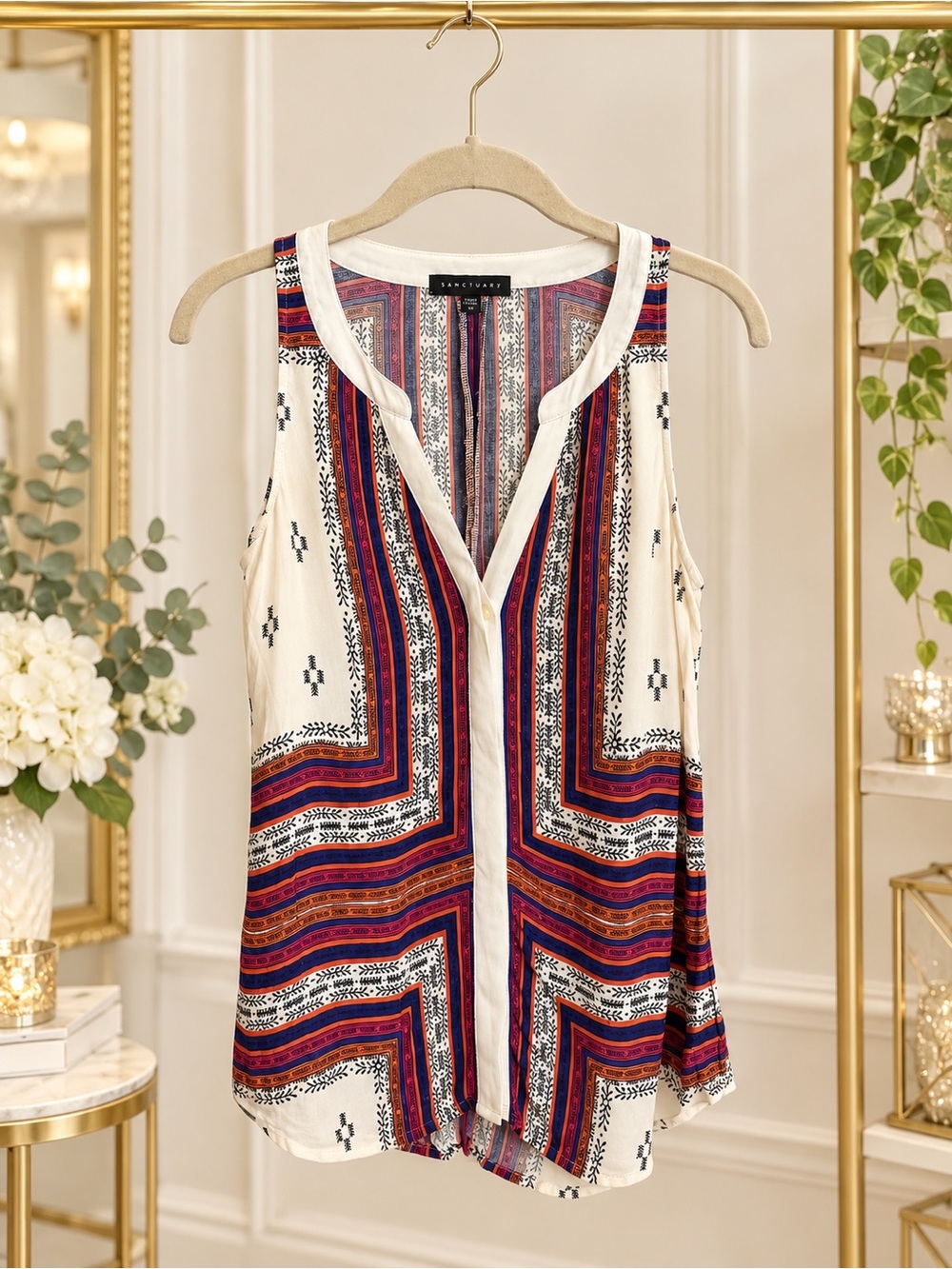 Sanctuary Size S Cream Multicolor Boho Border Print Sleeveless Blouse
